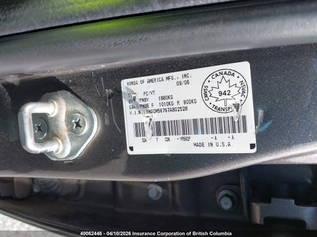 40062446 :رقم المزاد ، 1HGCM56767A802528 vin ، 2007 Honda Accord Ex مزاد بيع