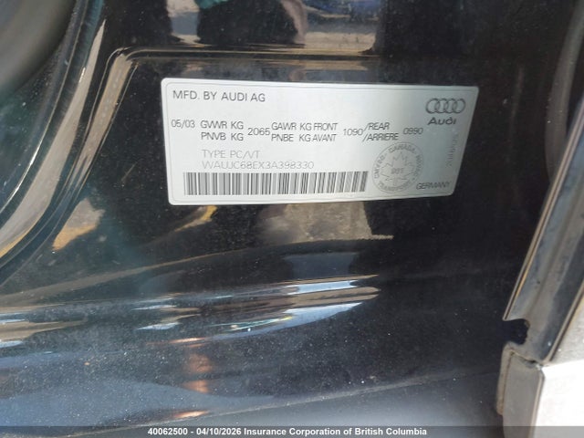2003 Audi A4 მანქანა იყიდება აუქციონზე, vin: WAUJC68EX3A398330, აუქციონის ნომერი: 40062500