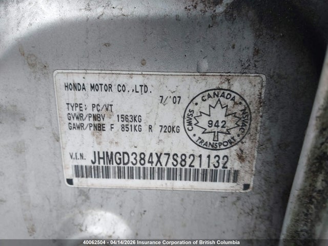 2007 Honda Fit მანქანა იყიდება აუქციონზე, vin: JHMGD384X7S821132, აუქციონის ნომერი: 40062504