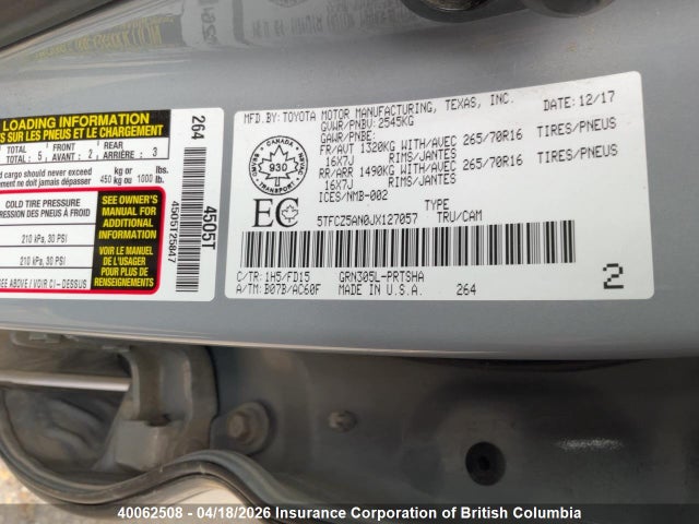 5TFCZ5AN0JX127057 Toyota Tacoma Dbl Cab/sr/trdspt/or/pro
