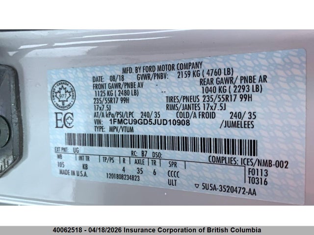 1FMCU9GD5JUD10908 Ford ESCAPE SE