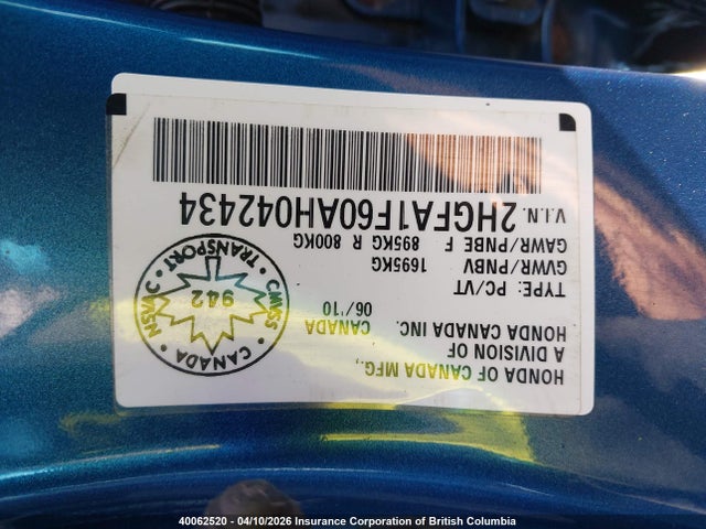 Продаж на аукціоні авто 2010 Honda Civic, vin: 2HGFA1F60AH042434, номер лоту: 40062520