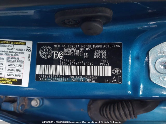 2009 Toyota Matrix მანქანა იყიდება აუქციონზე, vin: 2T1KU40EX9C049242, აუქციონის ნომერი: 40056001