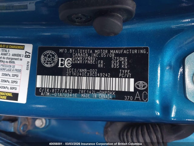 2009 Toyota Matrix მანქანა იყიდება აუქციონზე, vin: 2T1KU40EX9C049242, აუქციონის ნომერი: 40056001