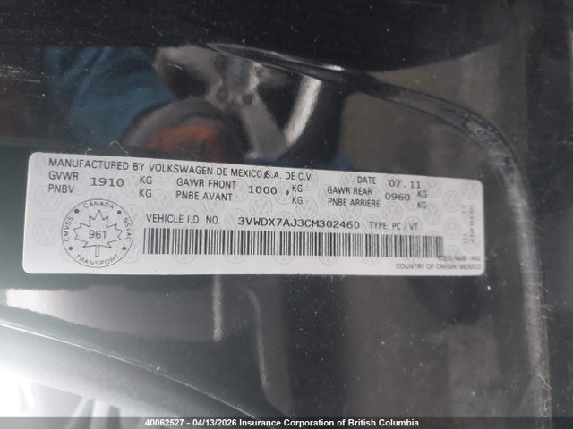 40062527 :رقم المزاد ، 3VWDX7AJ3CM302460 vin ، 2012 Volkswagen Jetta مزاد بيع