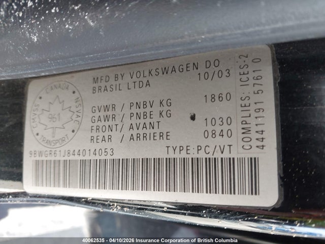 40062535 :رقم المزاد ، 9BWGR61J844014053 vin ، 2004 Volkswagen Golf مزاد بيع