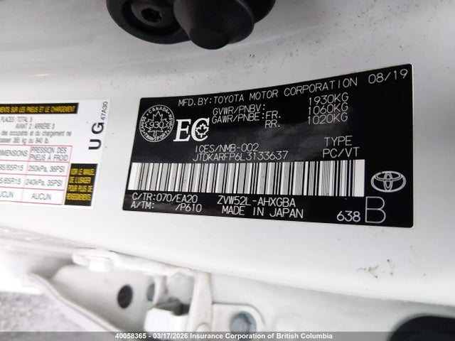 40058365 :رقم المزاد ، JTDKARFP6L3133637 vin ، 2020 Toyota Prius Prime Le/xle/limited مزاد بيع
