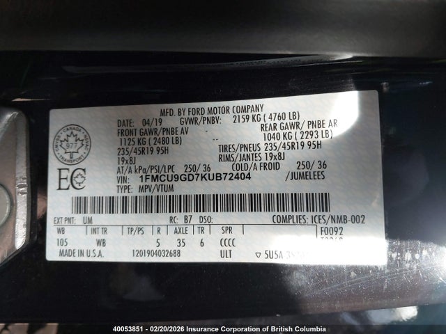 1FMCU9GD7KUB72404 Ford ESCAPE SE