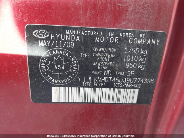 Продажа на аукционе авто 2009 Hyundai Elantra Gl, vin: KMHDT45D39U774398, номер лота: 40062540