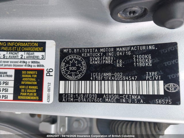 2016 Toyota Camry მანქანა იყიდება აუქციონზე, vin: 4T1BF1FK4GU594547, აუქციონის ნომერი: 40062541