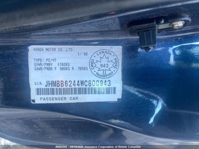 Продаж на аукціоні авто 1998 Honda Prelude, vin: JHMBB6244WC800943, номер лоту: 40062543