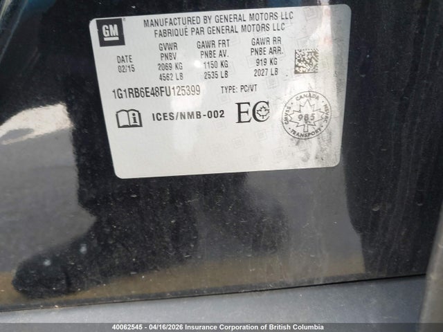 2015 Chevrolet Volt მანქანა იყიდება აუქციონზე, vin: 1G1RB6E48FU125399, აუქციონის ნომერი: 40062545