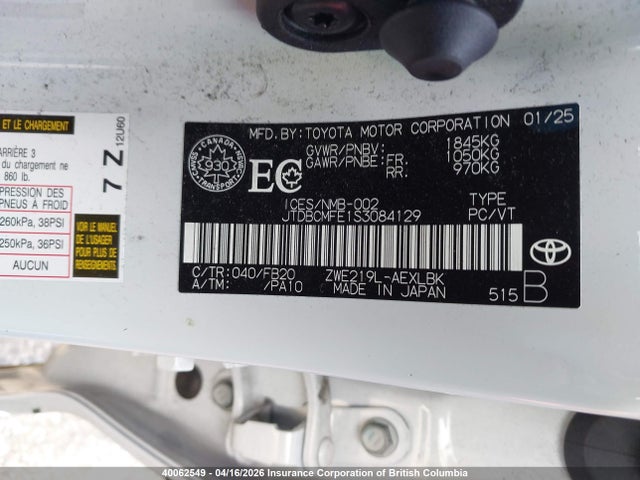 2025 Toyota Corolla Hybrid Le მანქანა იყიდება აუქციონზე, vin: JTDBCMFE1S3084129, აუქციონის ნომერი: 40062549