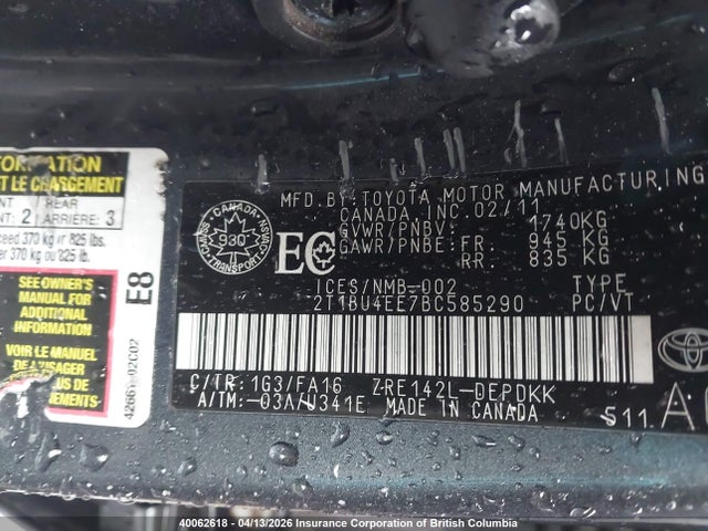 40062618 :رقم المزاد ، 2T1BU4EE7BC585290 vin ، 2011 Toyota Corolla S/le مزاد بيع