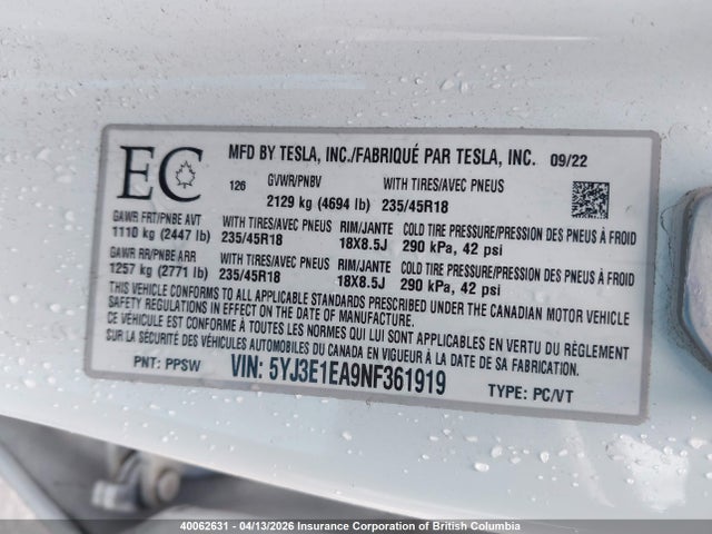 40062631 :رقم المزاد ، 5YJ3E1EA9NF361919 vin ، 2022 Tesla Model 3 مزاد بيع