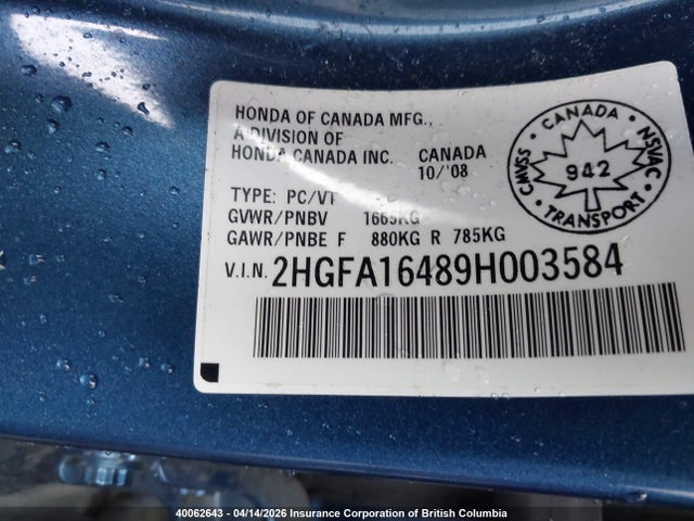 40062643 :رقم المزاد ، 2HGFA16489H003584 vin ، 2009 Honda Civic مزاد بيع