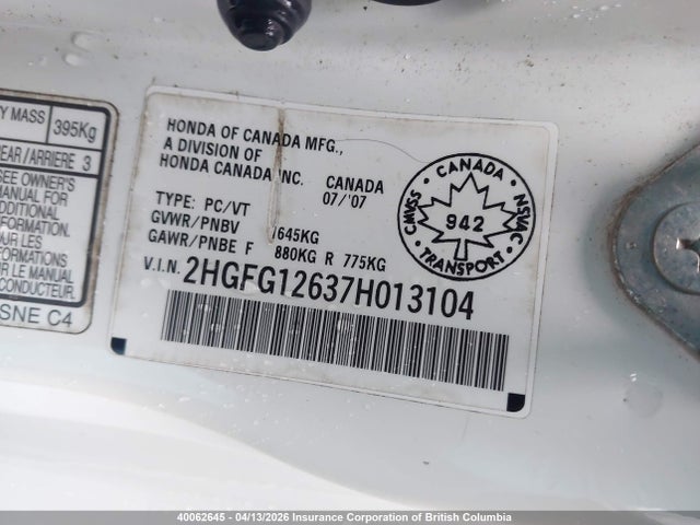 40062645 :رقم المزاد ، 2HGFG12637H013104 vin ، 2007 Honda Civic مزاد بيع
