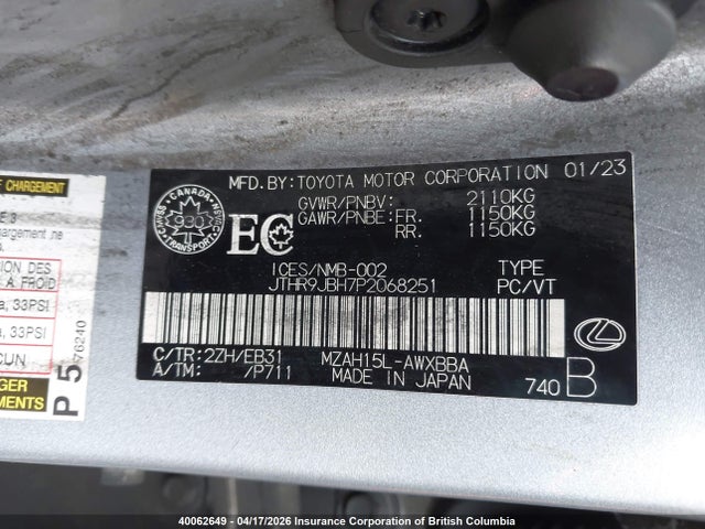 Aukcja sprzedaży 2023 Lexus Ux 250h, vin: JTHR9JBH7P2068251, numer aukcji: 40062649