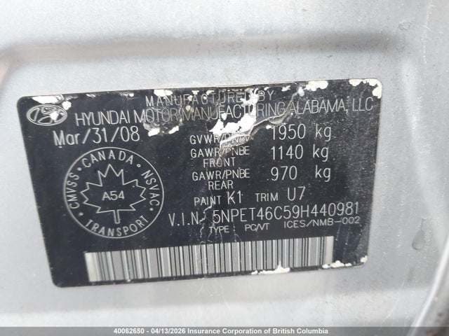 Продажа на аукционе авто 2009 Hyundai Sonata Gl/gl Premium/gl Sport/limited, vin: 5NPET46C59H440981, номер лота: 40062650