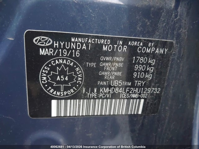 KMHD84LF2HU129732 Hyundai Elantra Se/value/limited