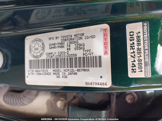 Aukcja sprzedaży 2001 Toyota Echo, vin: JTDBT123510122559, numer aukcji: 40062684