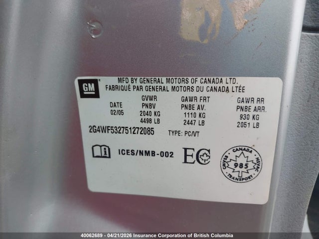 40062689 :رقم المزاد ، 2G4WF532751272085 vin ، 2005 Buick Allure Cx مزاد بيع