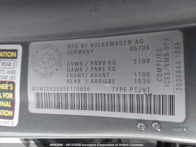 40062696 :رقم المزاد ، WVWCE63B65E170856 vin ، 2005 Volkswagen Passat Gls Tdi مزاد بيع