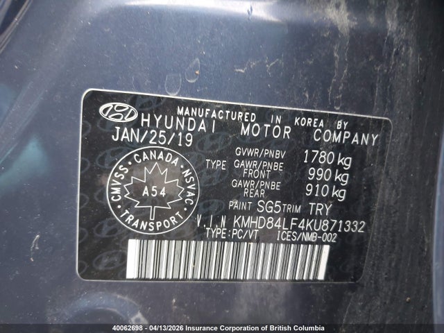 KMHD84LF4KU871332 Hyundai Elantra Sel/value/limited