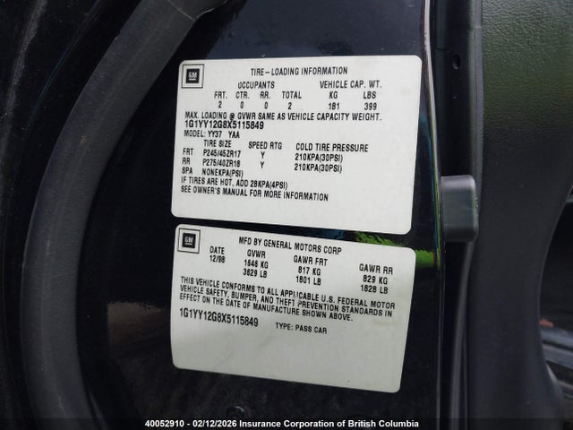 40052910 :رقم المزاد ، 1G1YY12G8X5115849 vin ، 1999 Chevrolet Corvette مزاد بيع