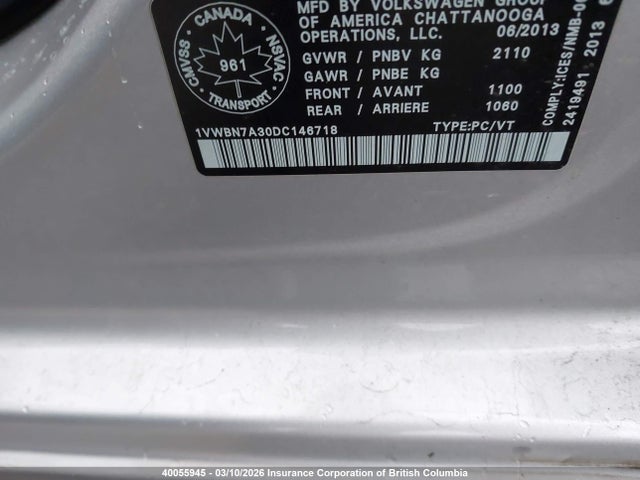 2013 Volkswagen Passat Se მანქანა იყიდება აუქციონზე, vin: 1VWBN7A30DC146718, აუქციონის ნომერი: 40055945