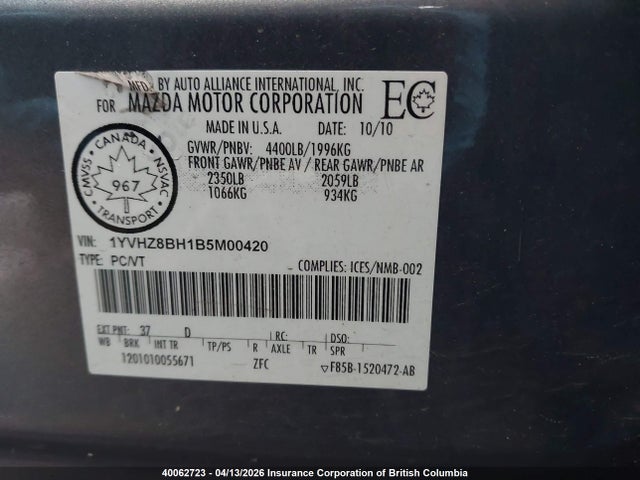 Продаж на аукціоні авто 2011 Mazda 6 I, vin: 1YVHZ8BH1B5M00420, номер лоту: 40062723