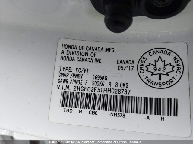 Aukcja sprzedaży 2017 Honda Civic, vin: 2HGFC2F51HH028737, numer aukcji: 40062733