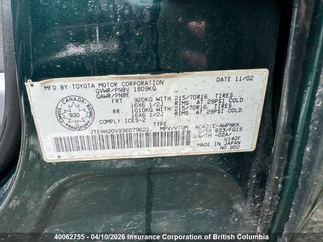 40062755 :رقم المزاد ، JTEHH20V936079622 vin ، 2003 Toyota Rav4 مزاد بيع