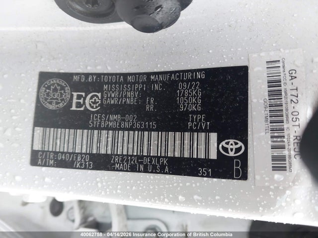 2022 Toyota Corolla Le/xle მანქანა იყიდება აუქციონზე, vin: 5YFBPMBE8NP363115, აუქციონის ნომერი: 40062758