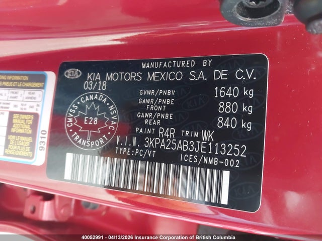 3KPA25AB3JE113252 KIA RIO LX/S