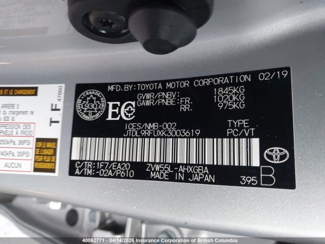 JTDL9RFUXK3003619 Toyota Prius