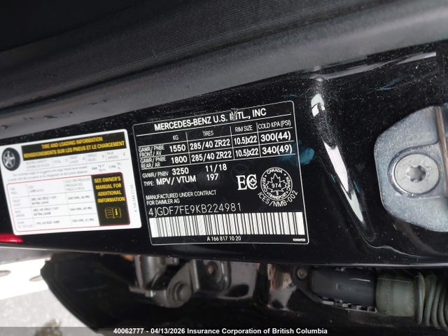 Aukcja sprzedaży 2019 Mercedes-benz Gls 63 Amg 4matic, vin: 4JGDF7FE9KB224981, numer aukcji: 40062777