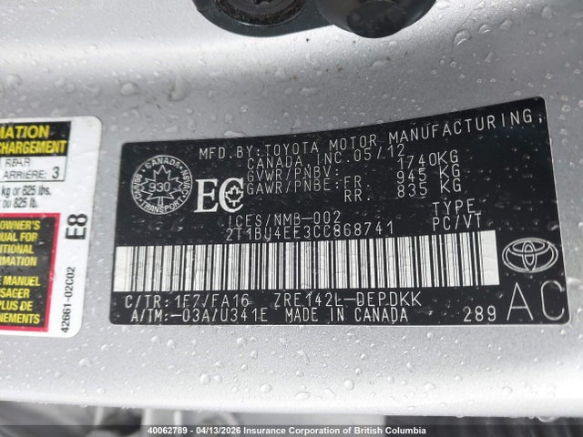 40062789 :رقم المزاد ، 2T1BU4EE3CC868741 vin ، 2012 Toyota Corolla S/le مزاد بيع