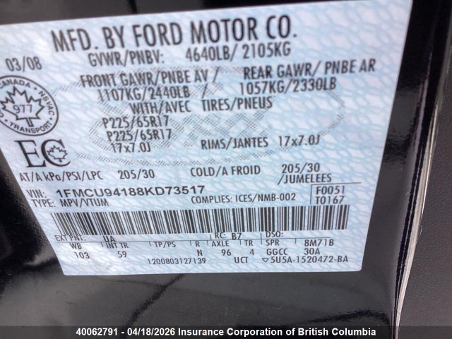 Продажа на аукционе авто 2008 Ford Escape Limited, vin: 1FMCU94188KD73517, номер лота: 40062791