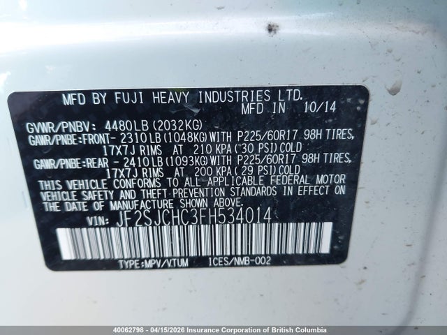 Aukcja sprzedaży 2015 Subaru Forester 2.5i Limited, vin: JF2SJCHC3FH534014, numer aukcji: 40062798