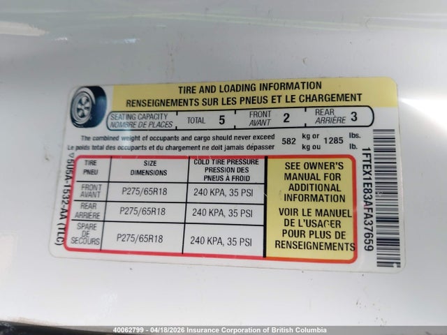 40062799 :رقم المزاد ، 1FTEX1E83AFA37659 vin ، 2010 Ford F150 مزاد بيع