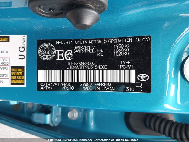40062803 :رقم المزاد ، JTDKARFP9L3154000 vin ، 2020 Toyota Prius مزاد بيع