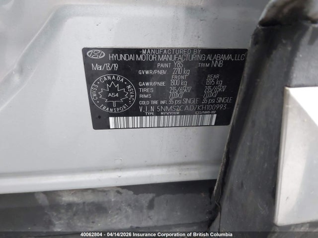 Aukcja sprzedaży 2019 Hyundai Santa Fe Se, vin: 5NMS2CAD7KH100993, numer aukcji: 40062804
