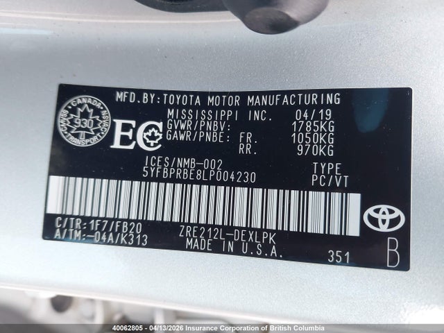 Toyota COROLLA LE 2020 5YFBPRBE8LP004230 Image 9