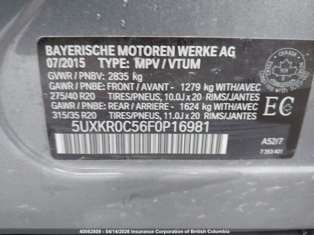 Aukcja sprzedaży 2015 Bmw X5, vin: 5UXKR0C56F0P16981, numer aukcji: 40062809