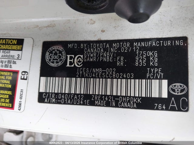40062823 :رقم المزاد ، 2T1KU4EE5CC802403 vin ، 2012 Toyota Corolla Matrix مزاد بيع