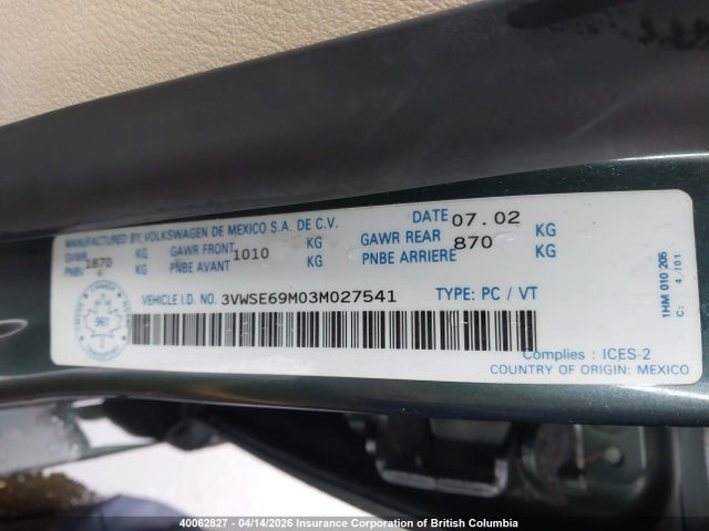 40062827 :رقم المزاد ، 3VWSE69M03M027541 vin ، 2003 Volkswagen Jetta مزاد بيع