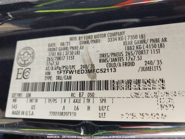 Ford F150 2021 1FTFW1ED3MFC52113 Image 9