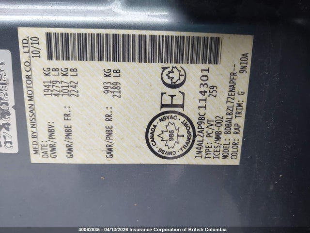Aukcja sprzedaży 2011 Nissan Altima S, vin: 1N4AL2AP9BC114301, numer aukcji: 40062835