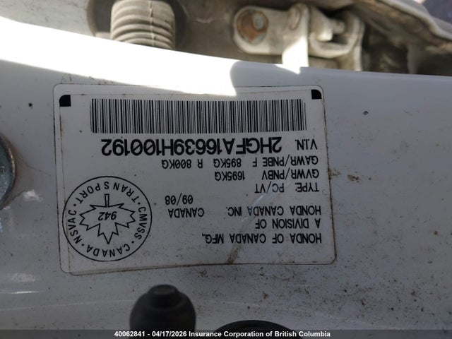 Aukcja sprzedaży 2009 Honda Civic, vin: 2HGFA16639H100192, numer aukcji: 40062841
